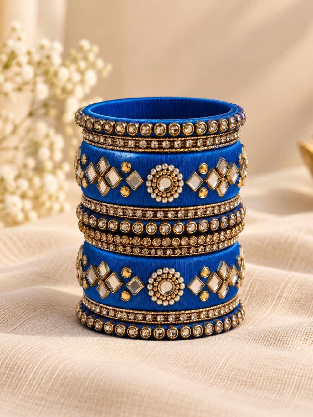 Blue Thread Mirror Work Bangle Set Size 2.8 | Indian Wedding Festive Jewelry